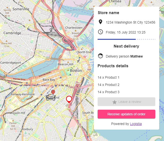 Customer notification with tracking link received while using Logistia Route Planner