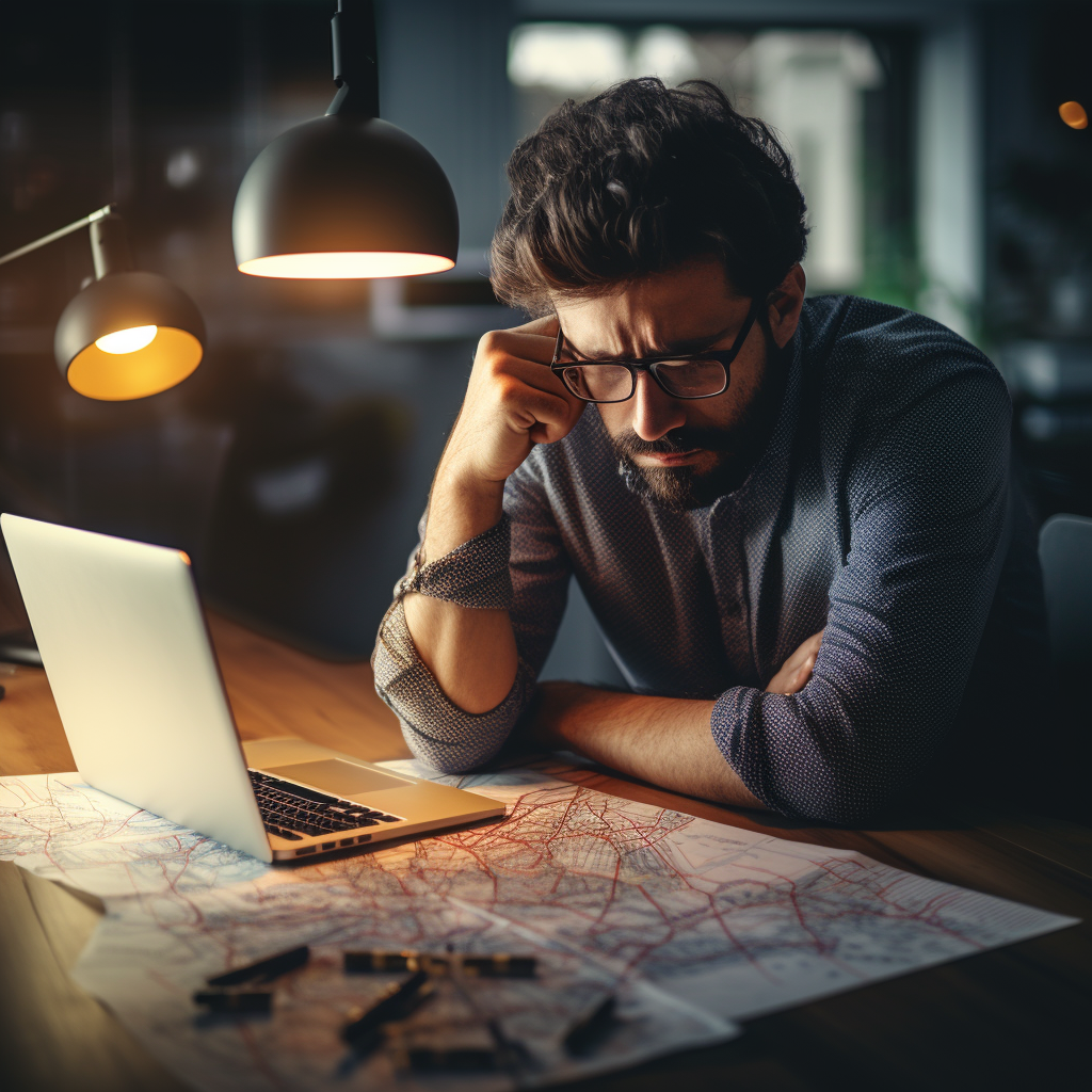 Man at a table planning routes with a laptop using a route planner 