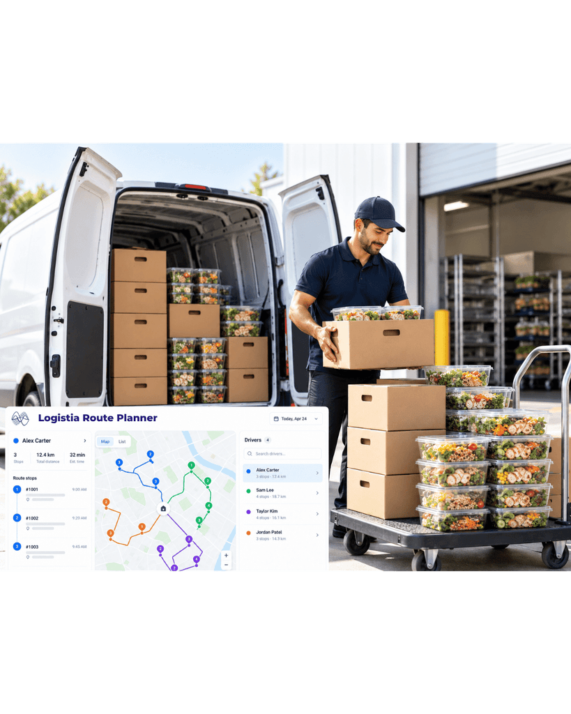 A driver using Logistia Route Planner to follow the route and load the packages in the vehicle, for a meal prep delivery or distribution delivery business.